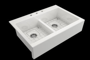 Nuova 34' x 24' x 10' Double-Basin Farmhouse Apron Front Kitchen Sink in White