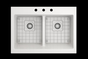 Nuova 34' x 24' x 10' Double-Basin Farmhouse Apron Front Kitchen Sink in White