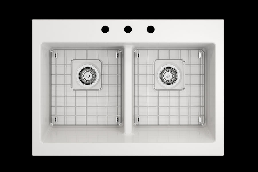 Nuova 34' x 24' x 10' Double-Basin Farmhouse Apron Front Kitchen Sink in White