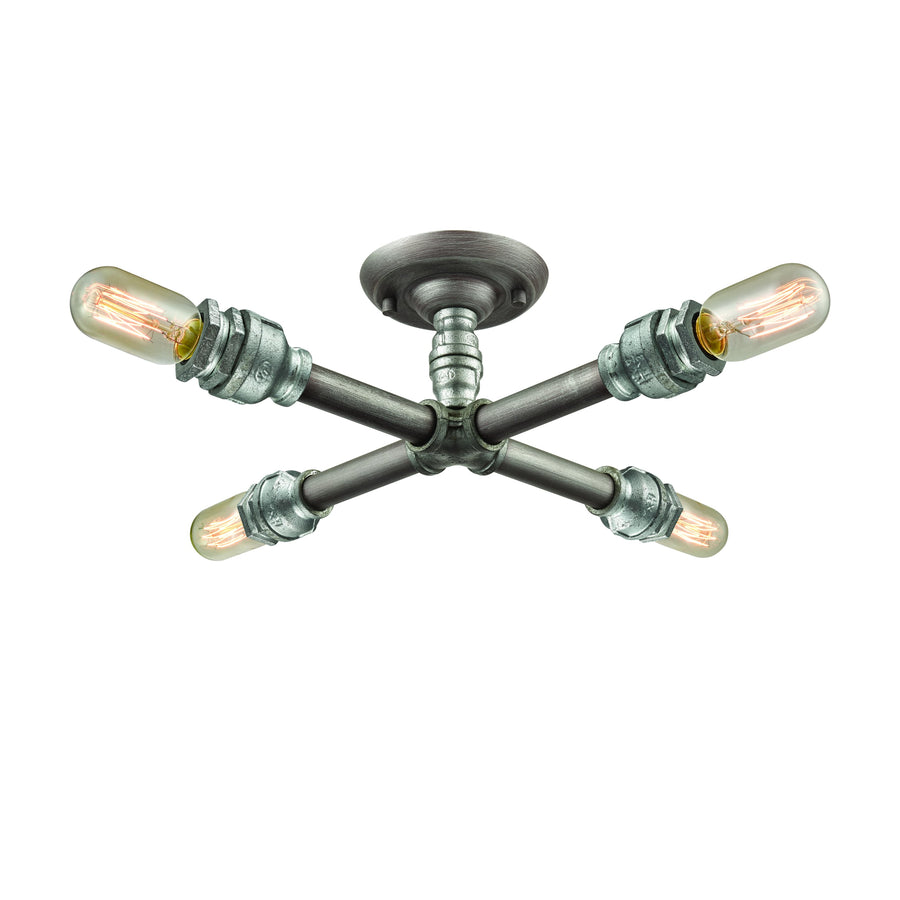 CastIron Pipe 16' 4 Light Semi Flush Mount in Weathered Zinc