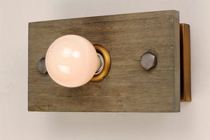 Plank 6' Single Light Wall Sconce in Weathered Wood and Antique Brass