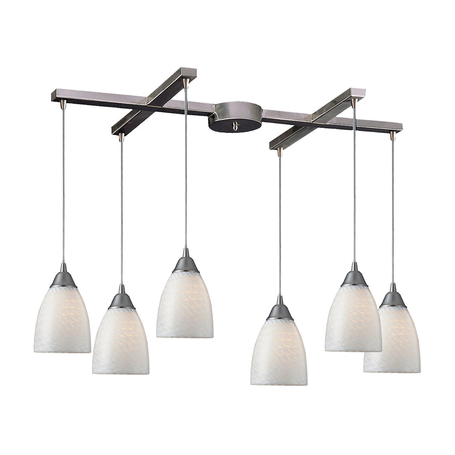 Arco Baleno 33' 6 Light Mini Pendant in White Swirl Glass & Satin Nickel