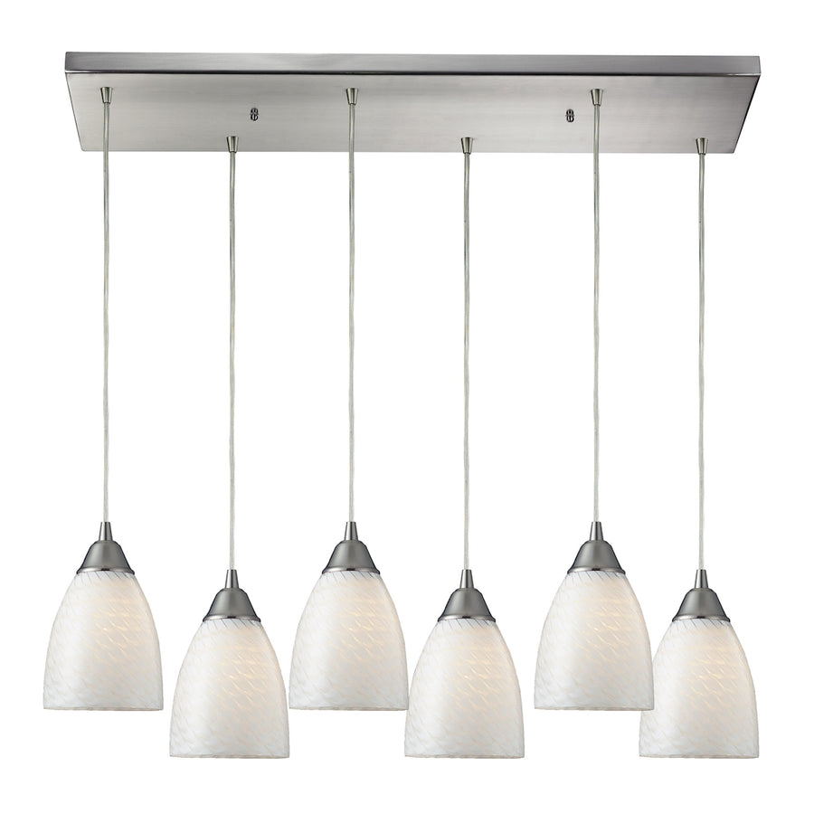 Arco Baleno 30' 6 Light Mini Pendant in White Swirl Glass & Satin Nickel
