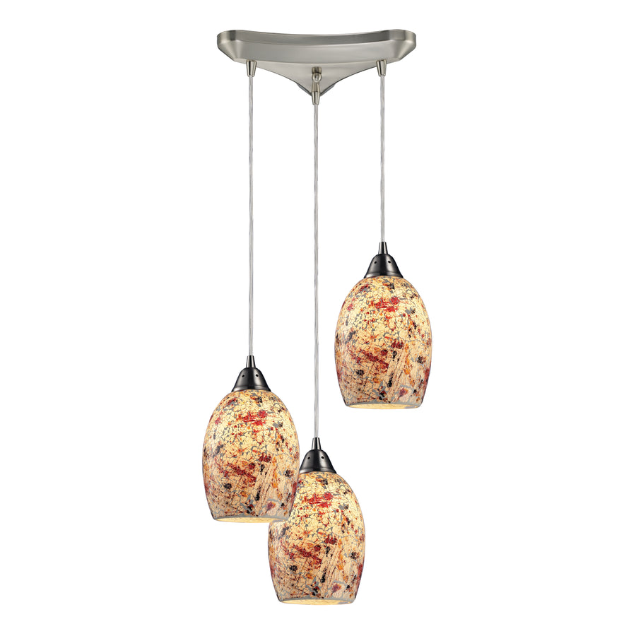 Avalon 10' 3 Light Mini Pendant in Multi Orange Glass & Satin Nickel