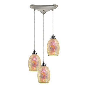 Avalon 10' 3 Light Mini Pendant in Multi Pink Glass & Satin Nickel