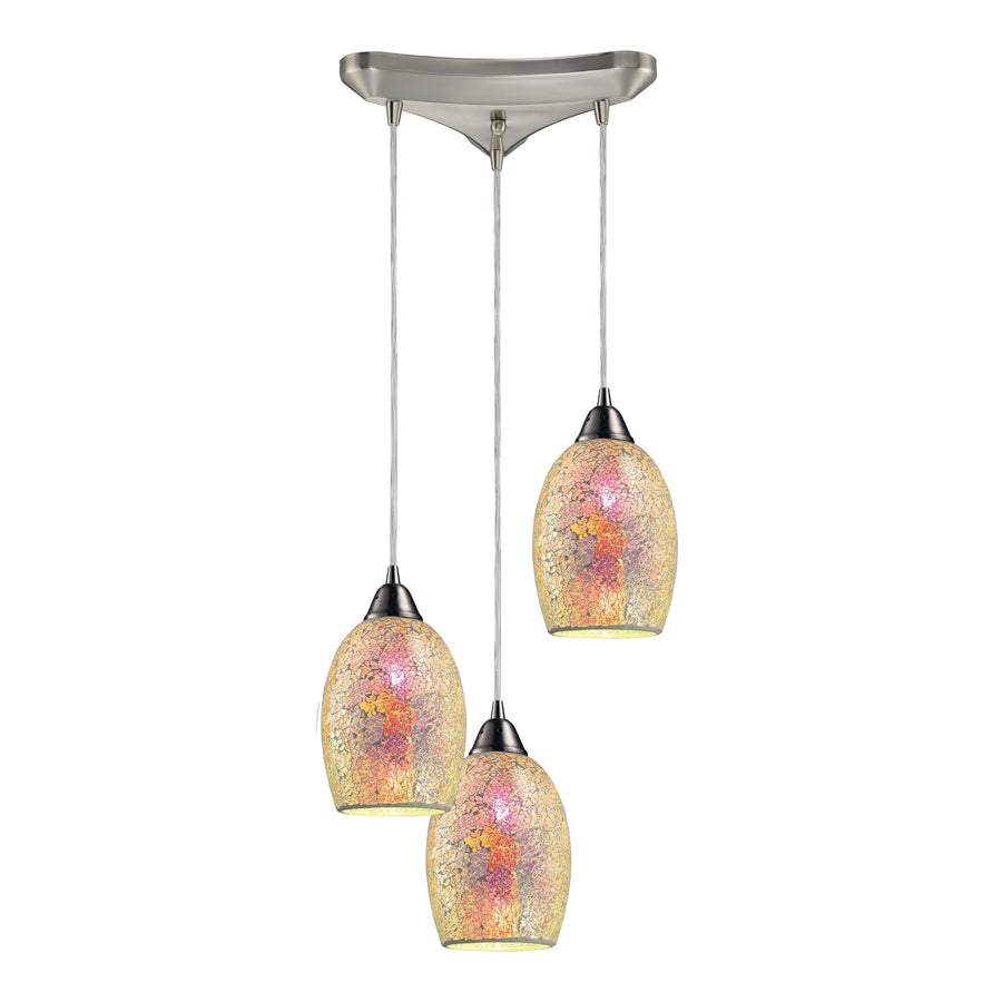 Avalon 10' 3 Light Mini Pendant in Multi Pink Glass & Satin Nickel