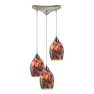 Avalon 10' 3 Light Mini Pendant in Multi Red Glass & Satin Nickel