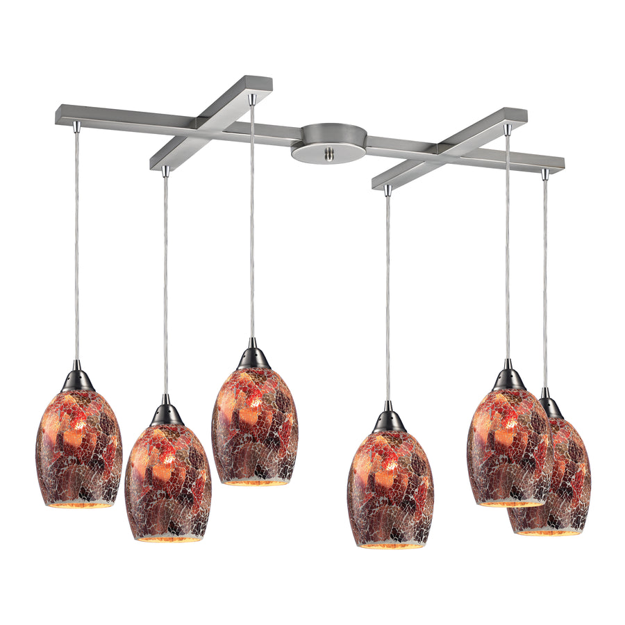 Avalon 33' 6 Light Mini Pendant in Multi Red Glass & Satin Nickel