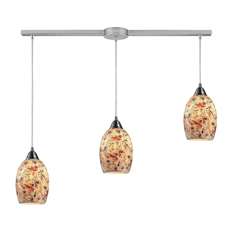 Avalon 36' 3 Light Mini Pendant in Multi Orange Glass & Satin Nickel