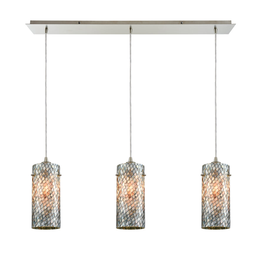 Capri 36' 3 Light Mini Pendant in Gray Capiz Cylinder Shade & Satin Nickel