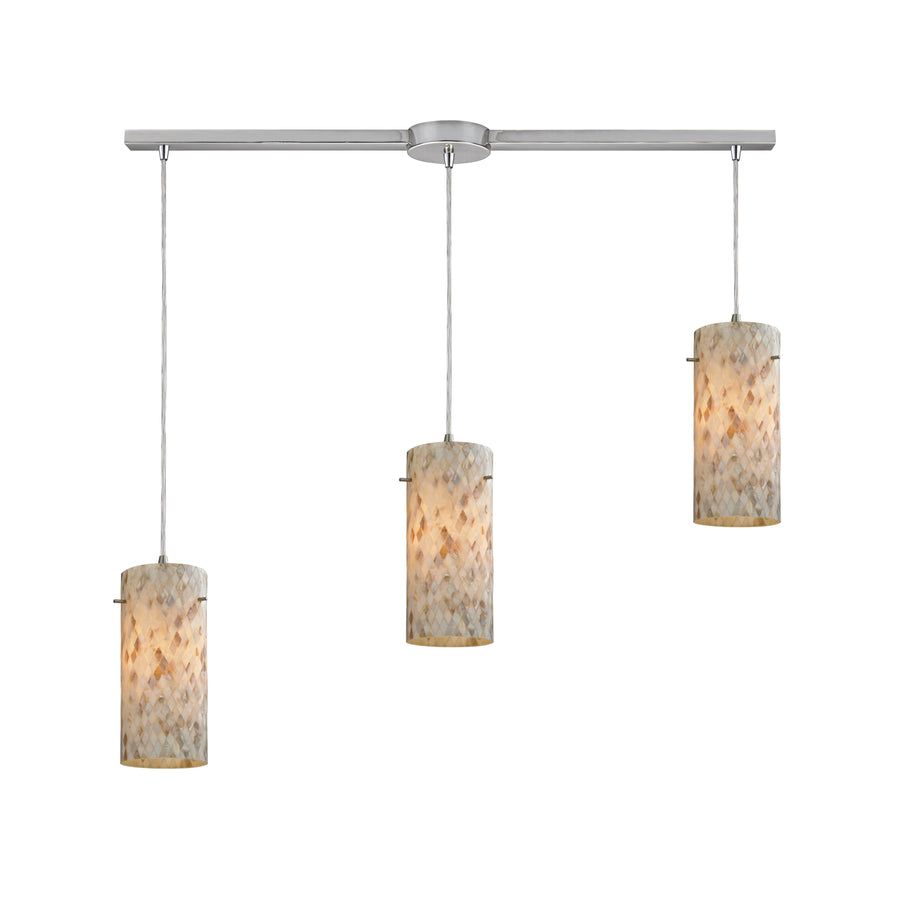 Capri 36' 3 Light Multi Level Mini Pendant in Capiz Shell Cylinder Shade & Satin Nickel
