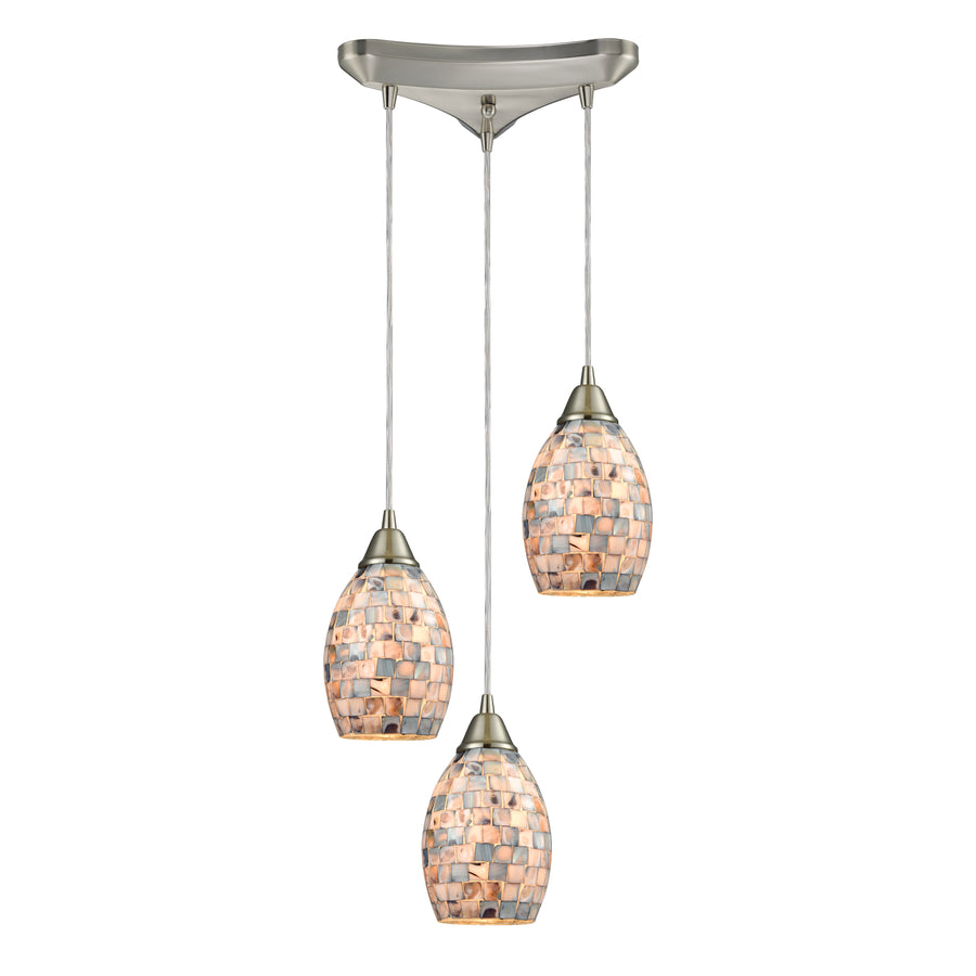 Capri 11' 3 Light Mini Pendant in Gray Capiz Shade & Satin Nickel