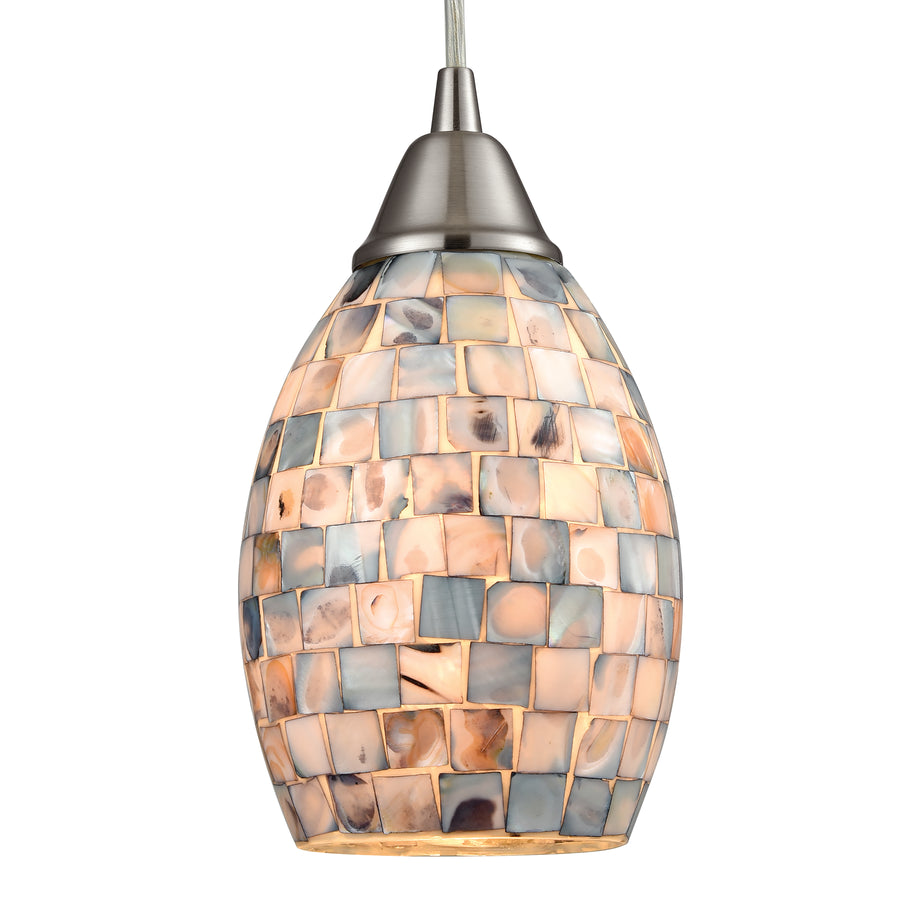 Capri 5' 1 Light LED Mini Pendant in Gray Capiz Shade & Satin Nickel