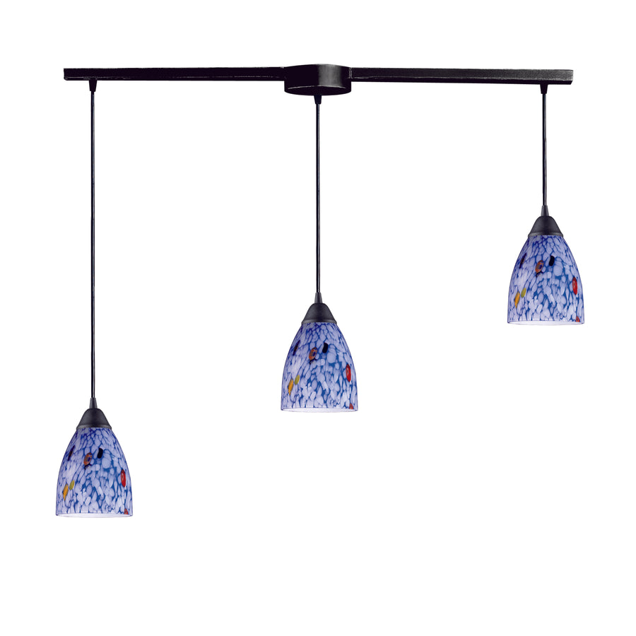 Classico 36' 3 Light Mini Pendant in Starburst Blue Glass & Dark Rust