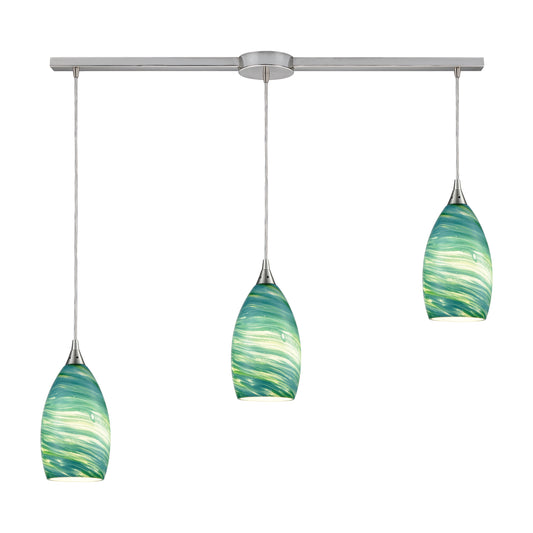 Collanino 38" 3 Light Mini Pendant in Aqua Swirl Glass & Satin Nickel