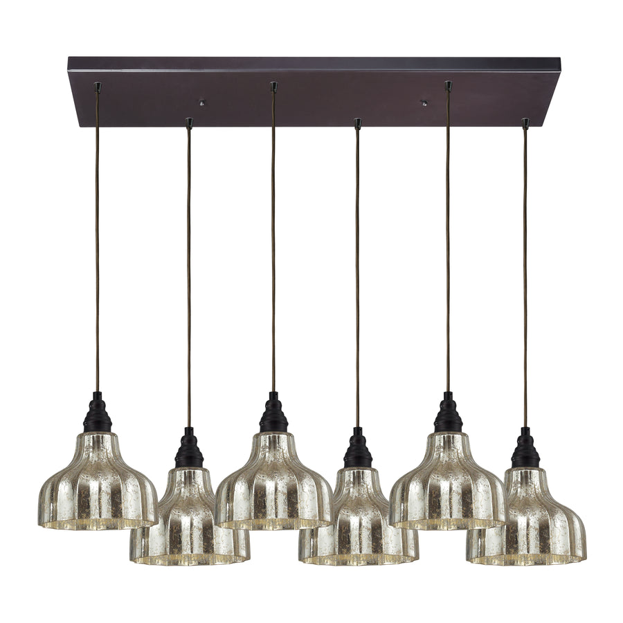 Danica 30' 6 Light Mini Pendant in Silver Mercury Glass & Oiled Bronze