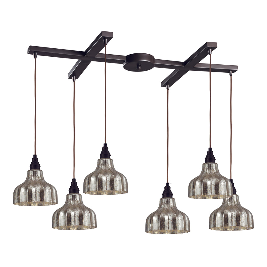 Danica 33' 6 Light Mini Pendant in Silver Mercury Glass & Oiled Bronze