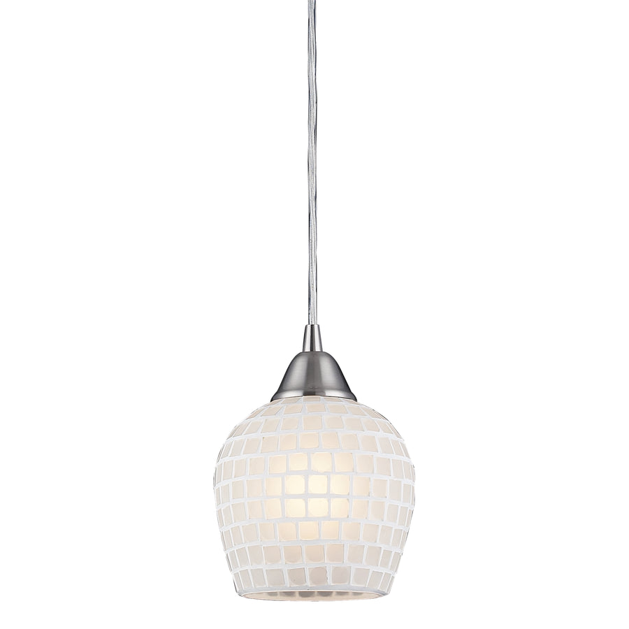 Fusion 5' 1 Light Mini Pendant in White Mosaic Glass & Satin Nickel