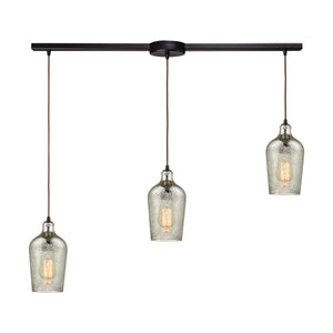 Hammered Glass 36' 3 Light Mini Pendant in Silver Mercury Glass & Oil Rubbed Bronze