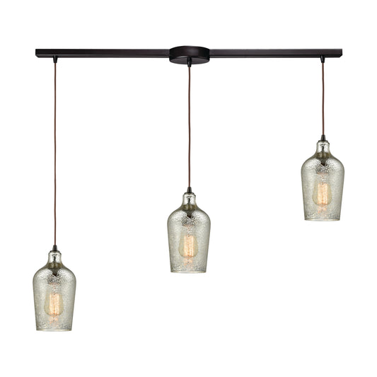 Hammered Glass 36" 3 Light Mini Pendant in Silver Mercury Glass & Oil Rubbed Bronze