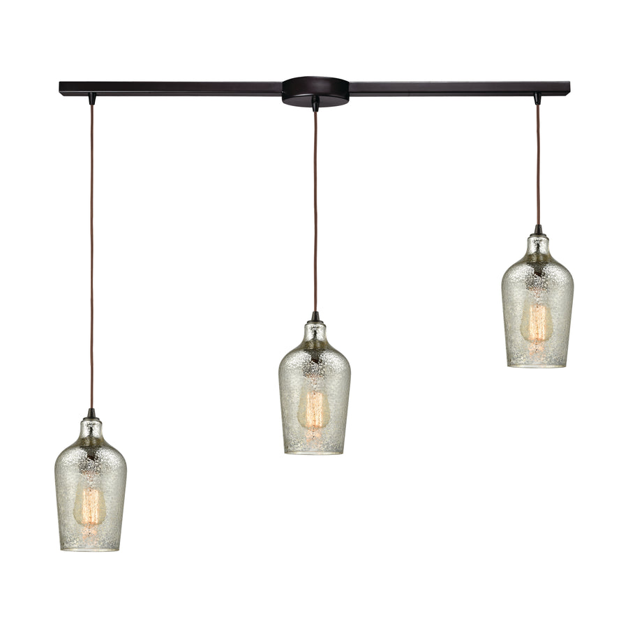 Hammered Glass 36' 3 Light Mini Pendant in Silver Mercury Glass & Oil Rubbed Bronze