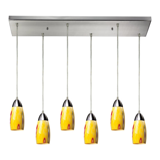 Milan 30" 6 Light Mini Pendant in Yellow Blaze Glass & Satin Nickel