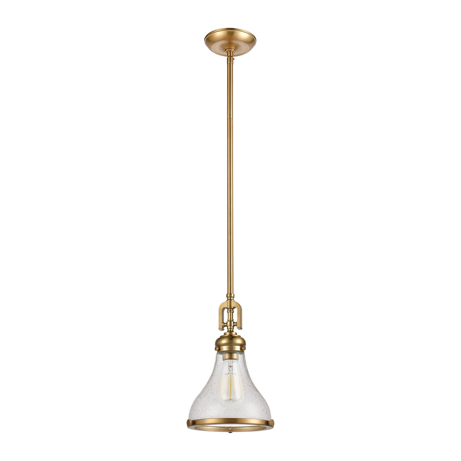 Rutherford 9' 1 Light Mini Pendant in Clear Seeded Glass & Satin Brass