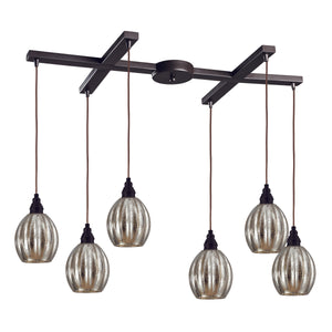 Danica 33' 6 Light Scalloped Mini Pendant in Silver Mercury Glass & Oiled Bronze