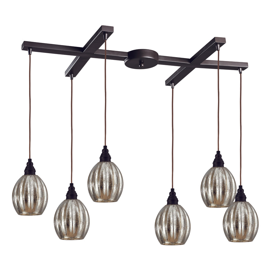 Danica 33' 6 Light Scalloped Mini Pendant in Silver Mercury Glass & Oiled Bronze