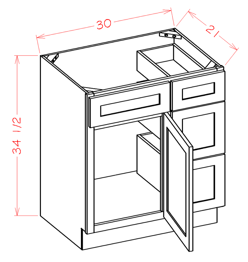 Shaker White Single Door Three Drawer Single Vanity Cabinet (30' x 34.5' x 21') - Drawers on Right