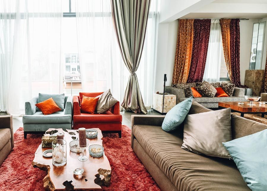 vibrant curtains in mediterranean living room