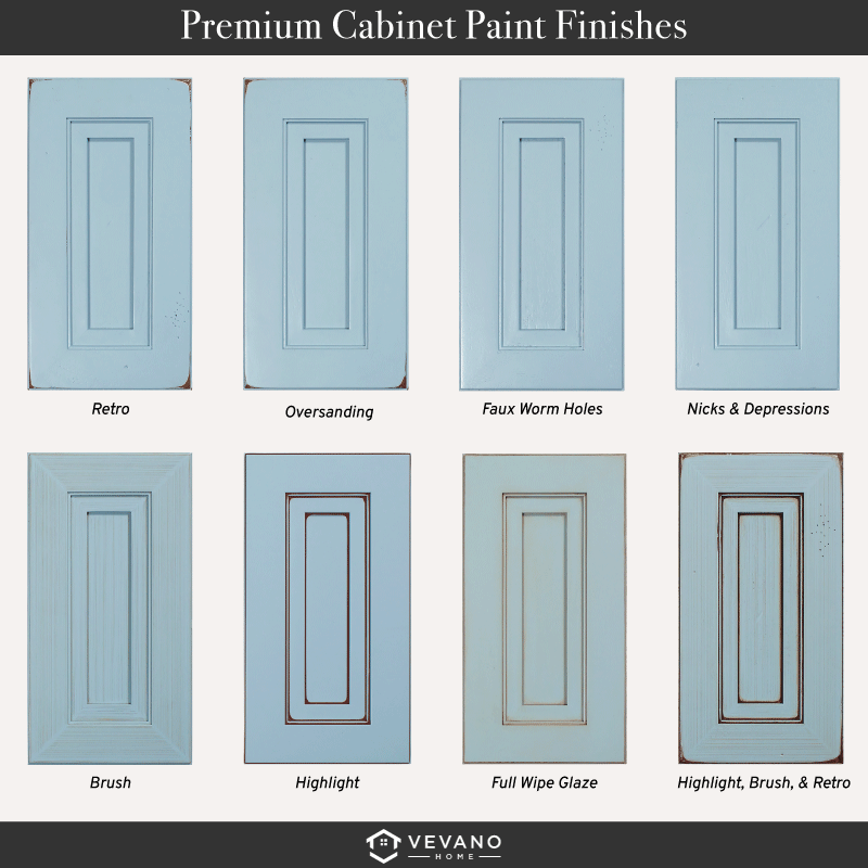Unique cabinet paint finishes, including sanding and faux dents
