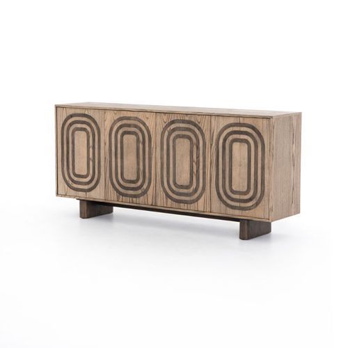 boho living room sideboard with geometric patterns on the panel