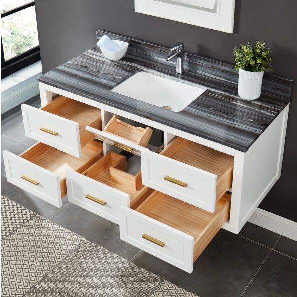 Open ready to assemble cabinets in a vanity