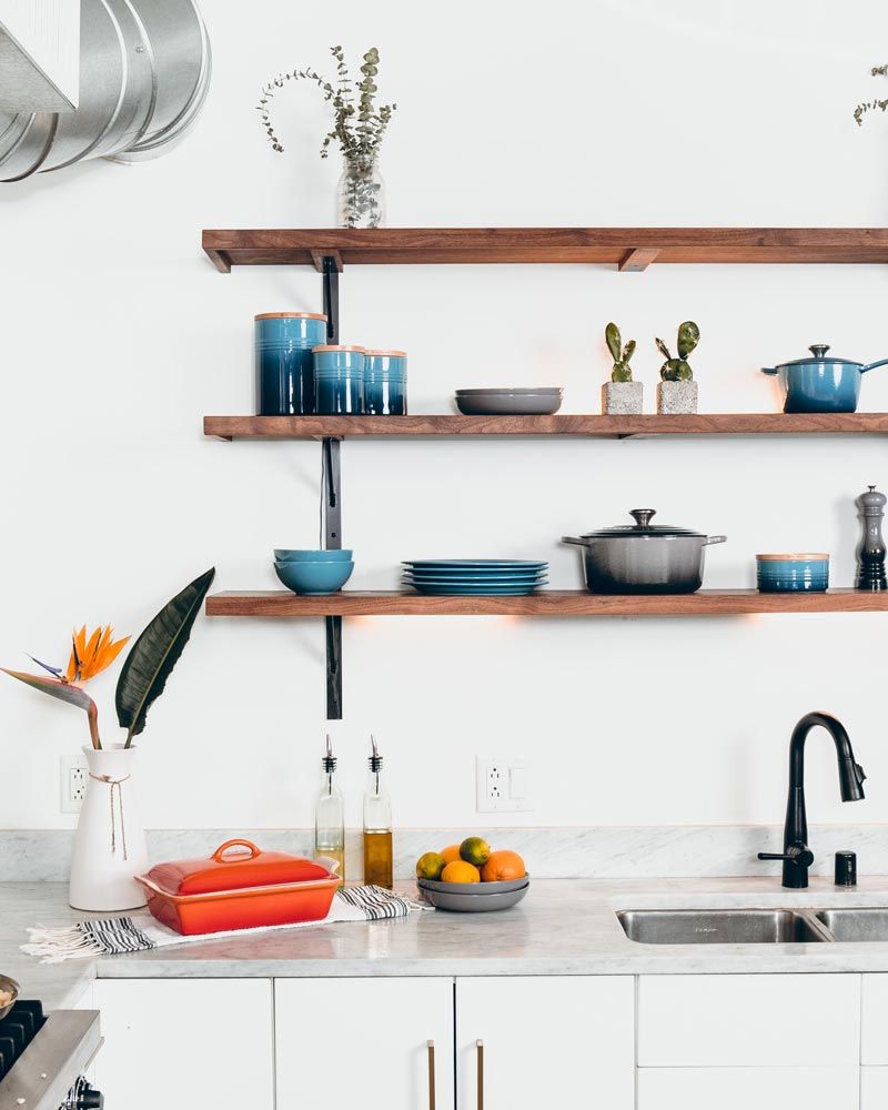 Tropical beach kitchen color scheme featuring open shelves