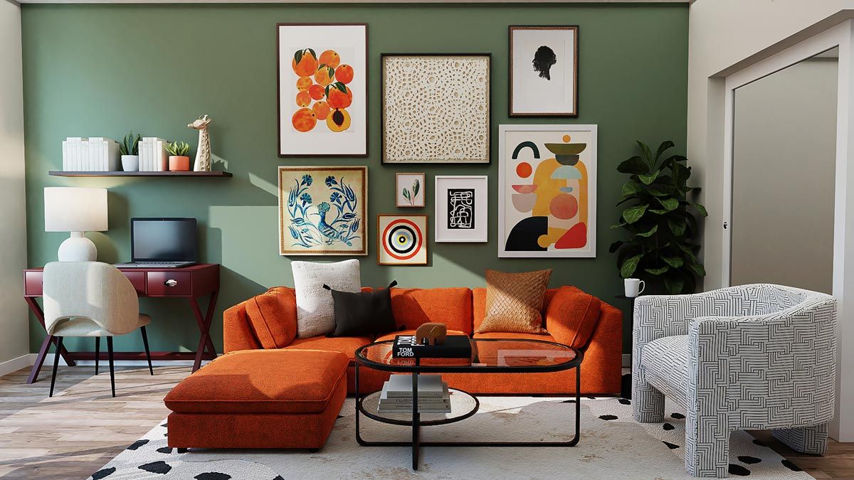 orange maximalist living room