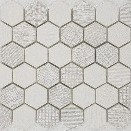 white hexagonal tile backsplash