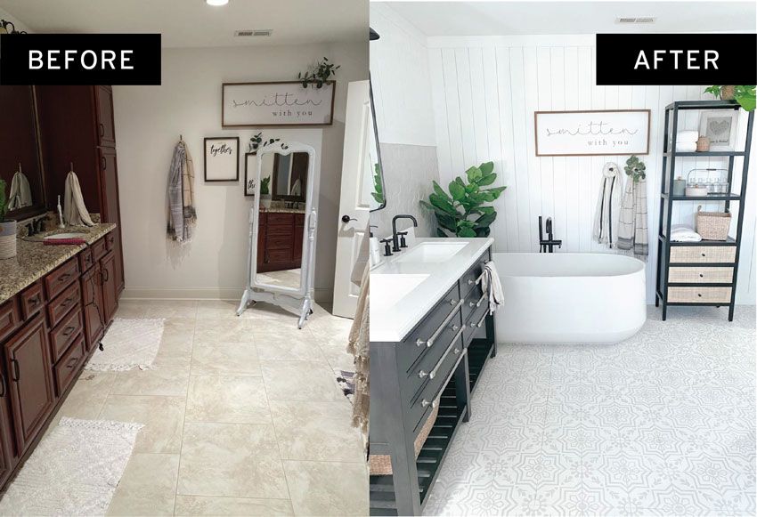 before and after of a farmhouse bathroom remodel