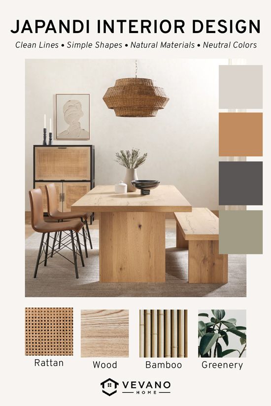 Japandi interior design style characteristics, including Japandi color palette, Japandi furniture, and key Japandi materials like rattan, wood, bamboo, and plantlife.