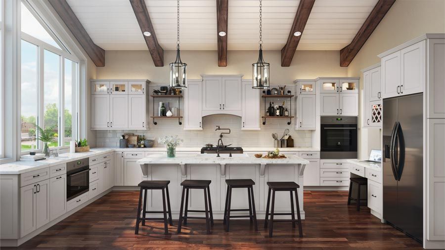 Modern farmhouse kitchen featuring white modern shaker cabinets