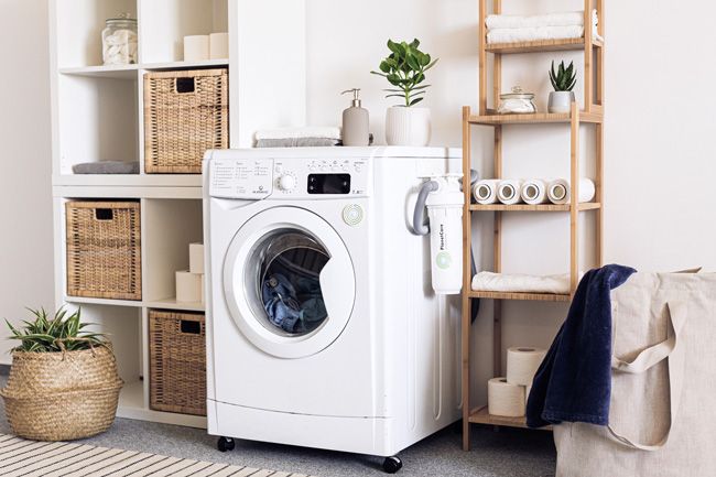 Laundry room with shelving organization