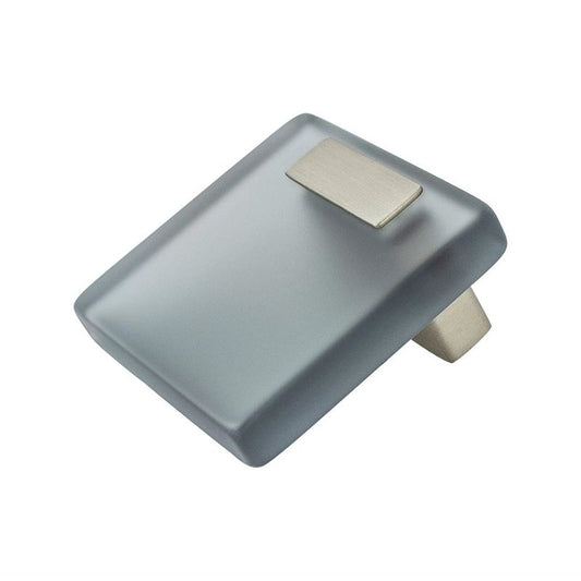 2" Wide Contemporary Square Knob in Brushed Nickel Transparent Grey from Quad Collection