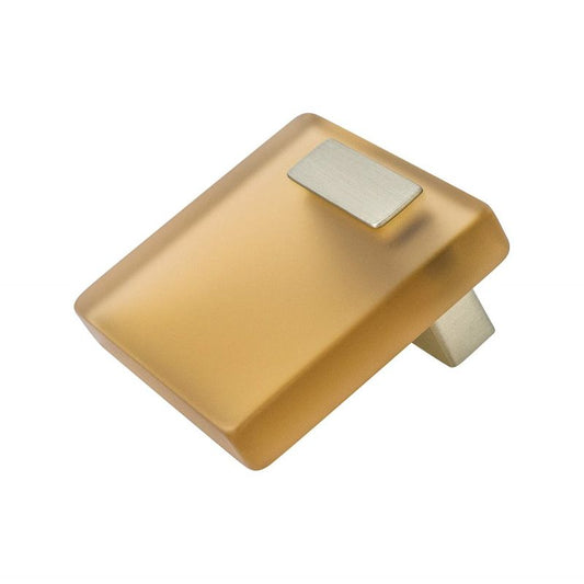 2" Wide Contemporary Square Knob in Brushed Nickel Transparent Light Brown from Quad Collection