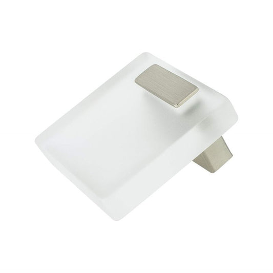 2" Wide Contemporary Square Knob in Brushed Nickel Transparent White from Quad Collection