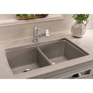Diamond 32' Granite 50/50 Double-Basin Undermount Kitchen Sink in Cinder (32' x 19.25' x 9.5')