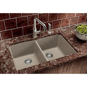 Diamond 32' Granite 50/50 Double-Basin Undermount Kitchen Sink in Cinder (32' x 19.25' x 9.5')