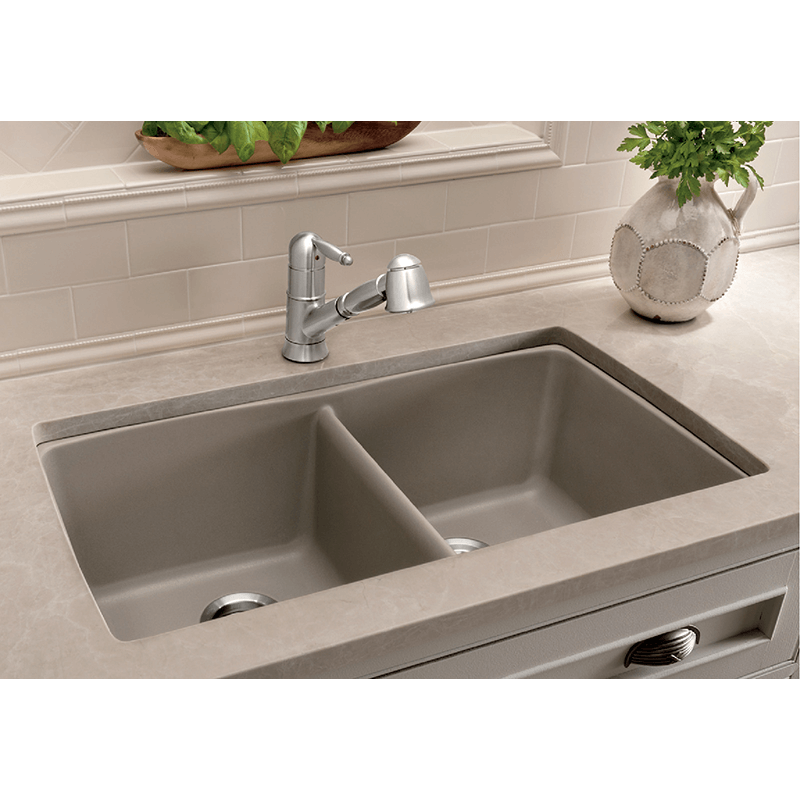 Diamond 32.06' Granite 50/50 Double-Basin Undermount Kitchen Sink in Metallic Grey (32' x 19.25' x 9.5')