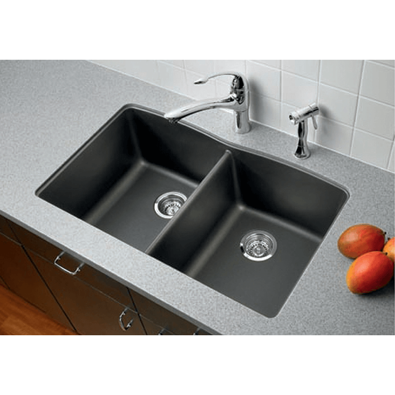 Diamond 32.06' Granite 50/50 Double-Basin Undermount Kitchen Sink in White (32' x 19.25' x 9.5')