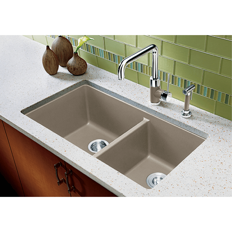 Precis 33' Granite 60/40 Double-Basin Undermount Kitchen Sink in Cafe Brown (33' x 18' x 9.5')