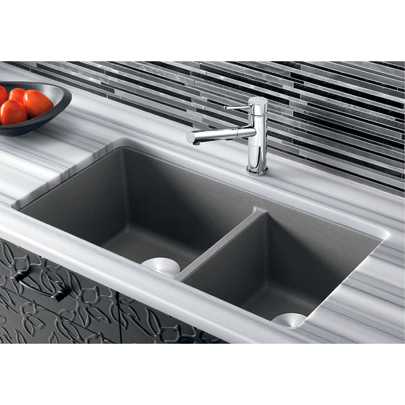 Precis 33' Granite 60/40 Double-Basin Undermount Kitchen Sink in White (33' x 18' x 9.5')